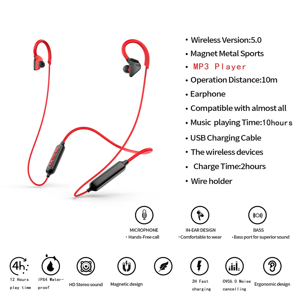 

Bluetooth Earphone Sport Wireless Headphones Bluetooth 5.0 Built in MP3 Player Magentic 3D Bass Stereo earbuds W/Mic HIFI Stereo
