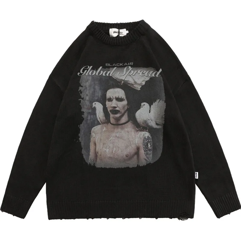 

Men Street Sweaters Hip Hop Pigeons Portrait Jacquard Knitted Pullover Couple Vintage Frayed Loose Sweater Trend Fall Outwear