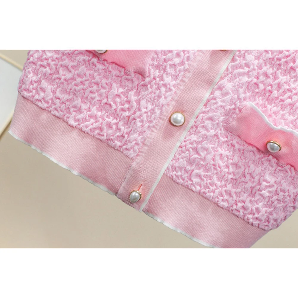 

Korean Style Fashion Patchwork Pearl Button Ice Silk Cardigan Women Short Sleeve O-Neck Woman Sweater White Pink Pleated Tops