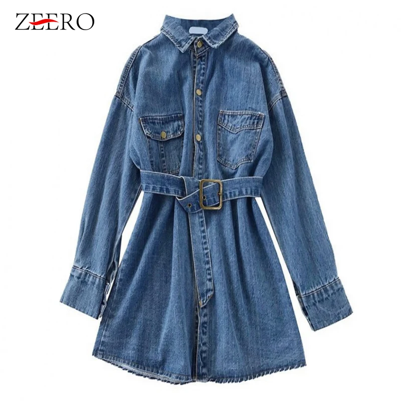 Женское джинсовое платье рубашка с отложным воротником и поясом повседневное