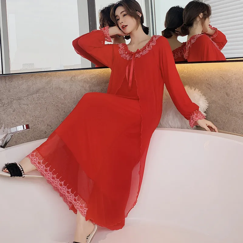 

Female O-Neck Nightdress Wedding Red Lace Trim Nightgown Sexy Hollow Out Sleepwear Long Sleeve Nightwear Casual Loose Home Wear