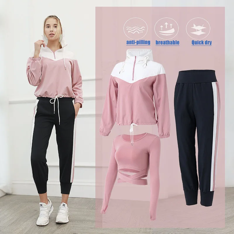 

3 PCS Yoga Set Gym Women Cloths Breathable and Quick-drying Large-size Fashion Sports Suit of Coat+ Long Sleeve And Pants S068