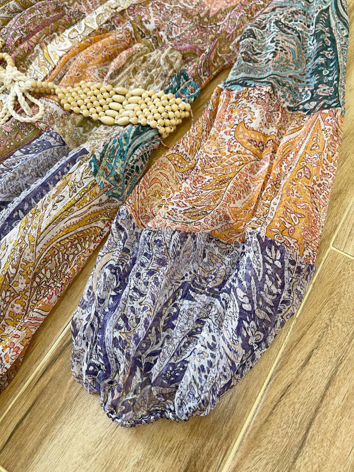 

2021 Summer New Paisley Print Lanter Sleeve Cascade Ruffles Corset Women Long 100% Silk Dress With Wooden Belt