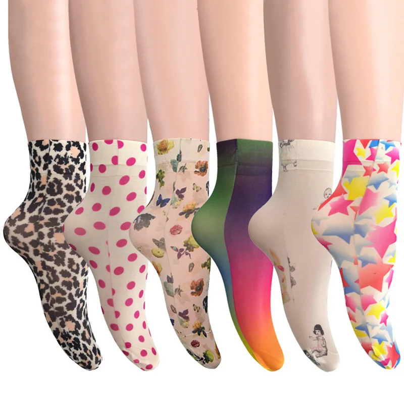 

Summer Women's Socks Ultra-thin Transparent Crystal Silk Short Sock Harajuku Print Streetwear Breathable Ladies Ankle Socks