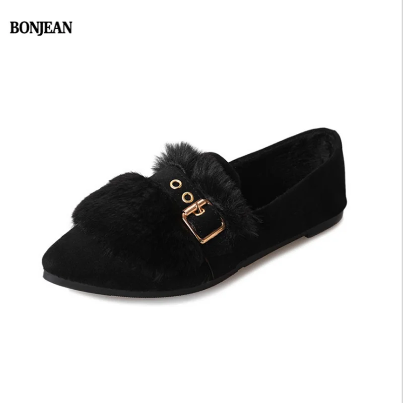 Для женщин Удобная обувь модная кожаная мех плюшевого кролика Лоферы с острым
