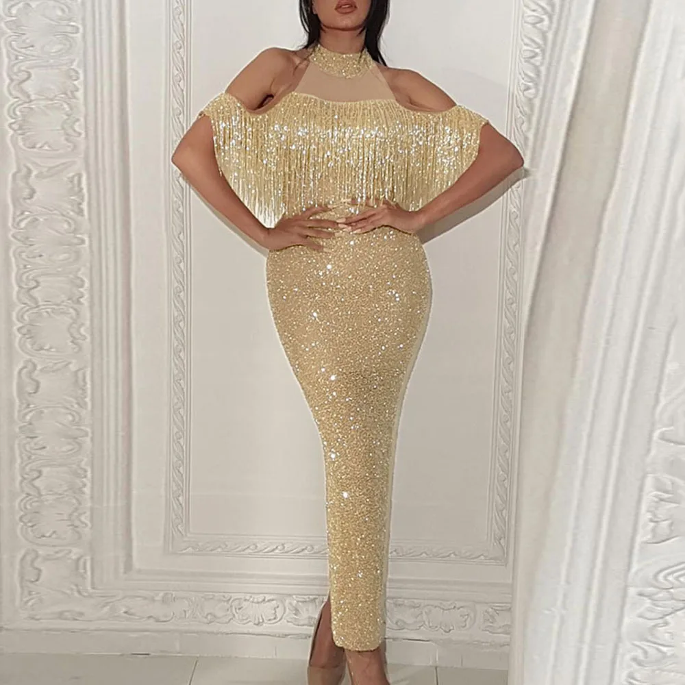 Роскошные Для женщин блестящие бахрома вечерняя Клубная Вечерние Длинное платье