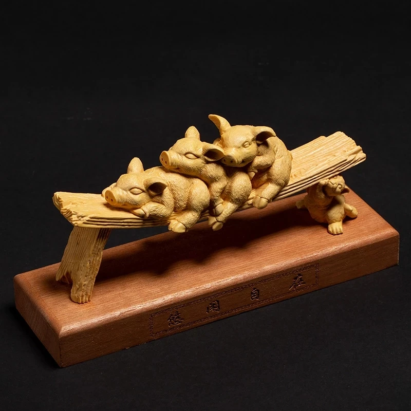 

Three Little Pigs Animal Boxwood Miniature Wealth Feng Shui Chinese Tea Pet Wall Ornaments Carving Crafts Zodiac Collection