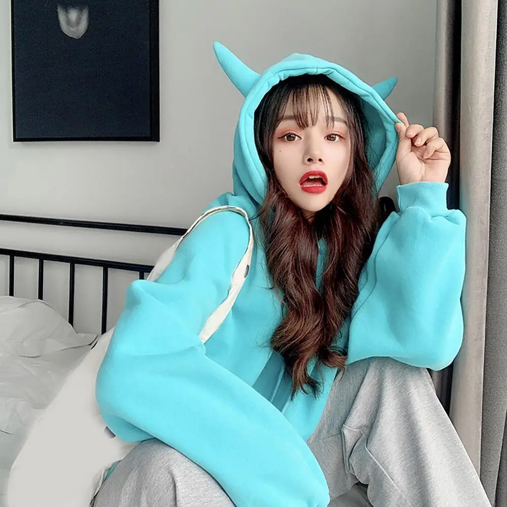 Women's autumn and winter cartoon long-sleeved hoodie cute horn hood oversized loose autumn and winter plush sweatshirt everyday