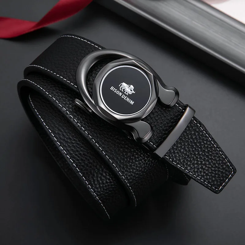 Bison Denim Luxury Brand Genuine Leather Belt for Men Black Classic Automatic Buckle Business Casual Male Belt And Gift Box