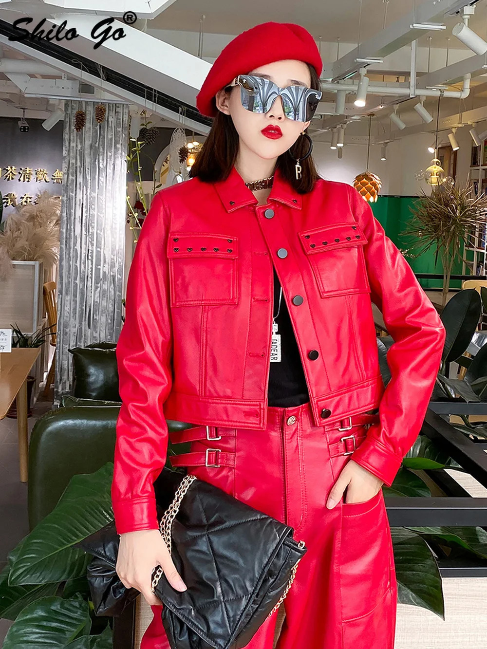 

Streetwear Peter Pan Collar Rivets Detail Jacket Women Winter Concise Buttons Front Genuine Leather Coat Slim Sheepskin Outwear