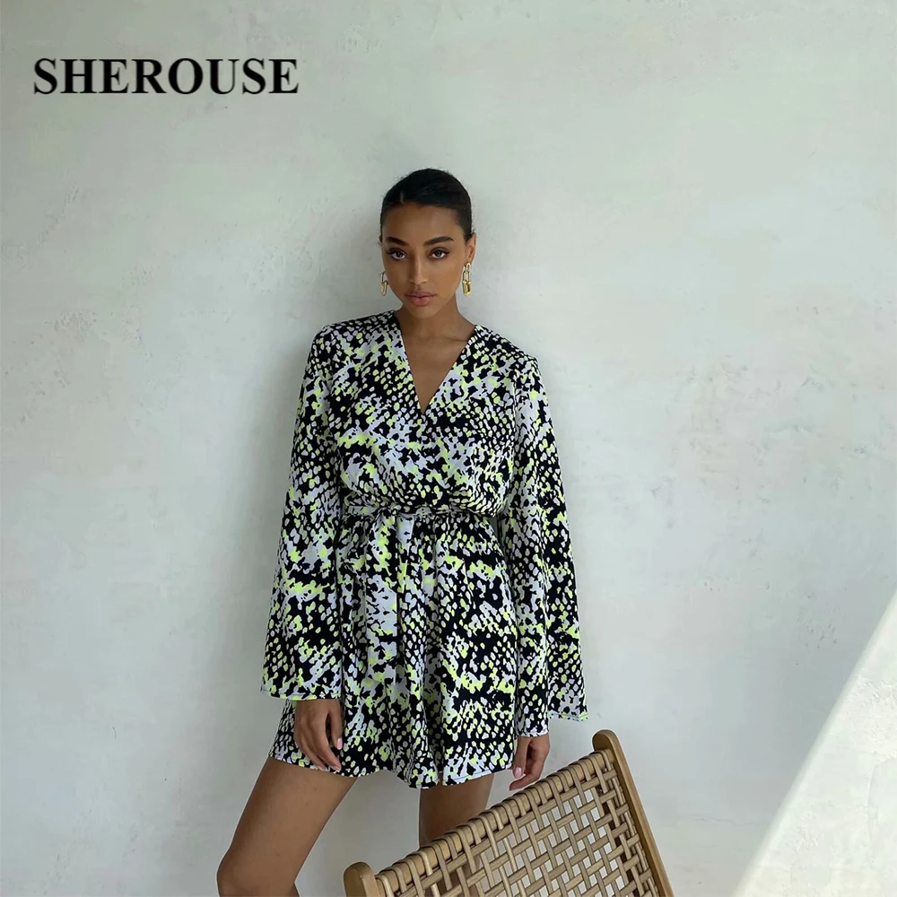 

Женское платье с поясом SHEROUSE, винтажное короткое платье с длинным рукавом и v-образным вырезом, Повседневное платье с леопардовым принтом
