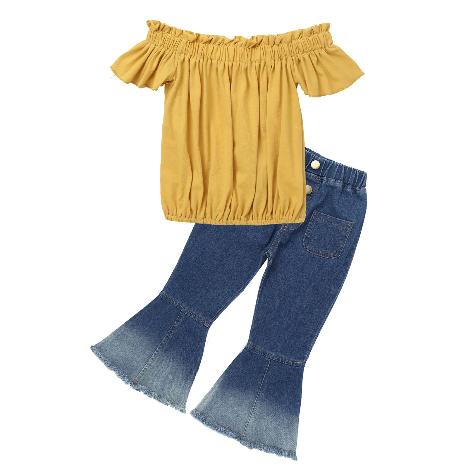 

Oyolan 2021, одежда для маленьких девочек, летний спортивный костюм для детей, комплекты для девочек, футболка с воротником «одно слово» + расклеш...