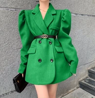 korean style puff sleeve woolen jacket with belt for women high street double breasted blazer jacket lady chic suit outwear