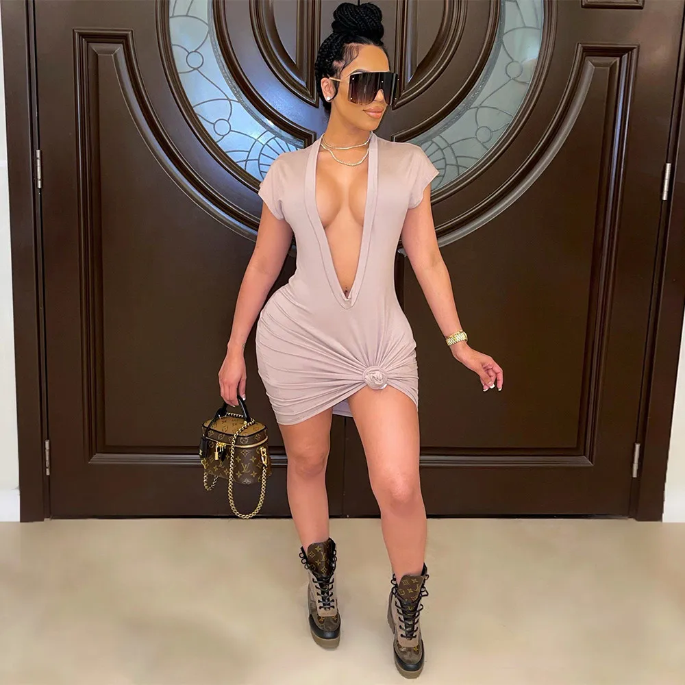 

Neon Color Short Sleeve Sexy Mini Dress for Women Deep V Neck Body-shaping Dresses Female Elegant Party Clubwear Slim Vestidos