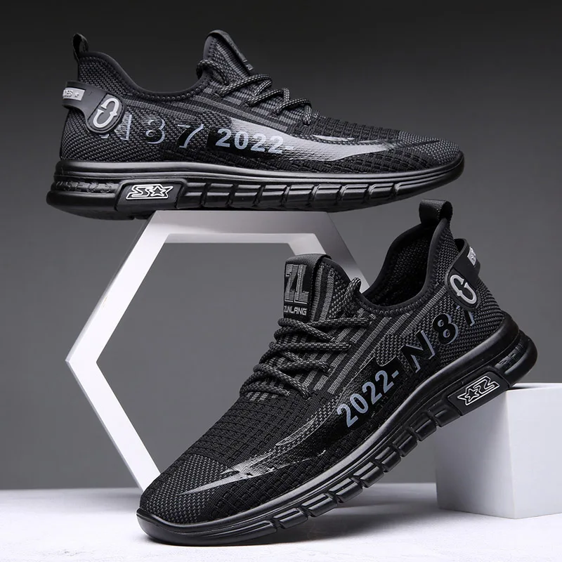 

High Quality Men Flying Weave Running Shoes Solid Color Man Sneakers Mesh Fabric Breathable Lightweight Soft Sport Shoes for Men