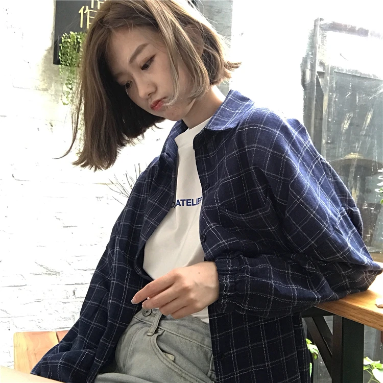 8317 blue Женские рубашки, классические, Ретро стиль, элегантные, с отложным воротником, с карманами, в клетку, женская рубашка с длинным рукавом, для отдыха, свободный, корейский стиль, для девушек - Цвет: 8317 blue