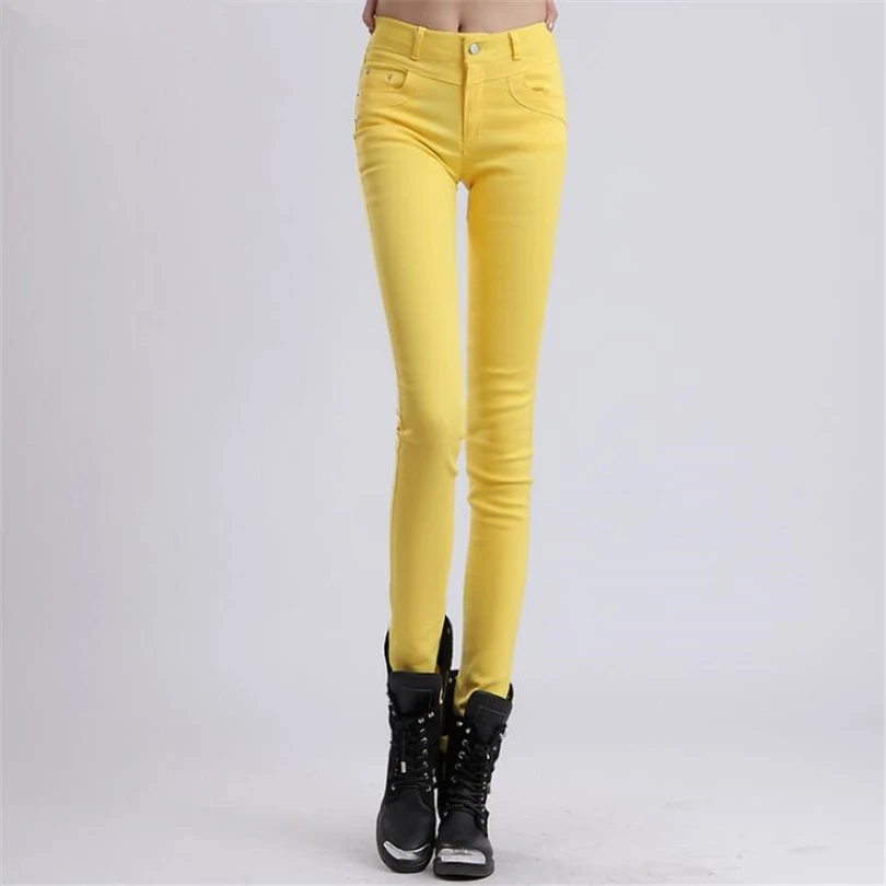 

CUHAKCI Top Quality Women Pencil Pants Slim Trousers Woman Jeans Solid Girls Sweet Candy Color Femme Pantalon