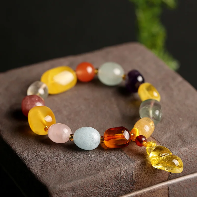 

OMHXZJ Wholesale CS29 European Fashion Fine Woman Girl Party Birthday Gift Natural Amber Amethyst Citrine Beads Bracelet Bangle