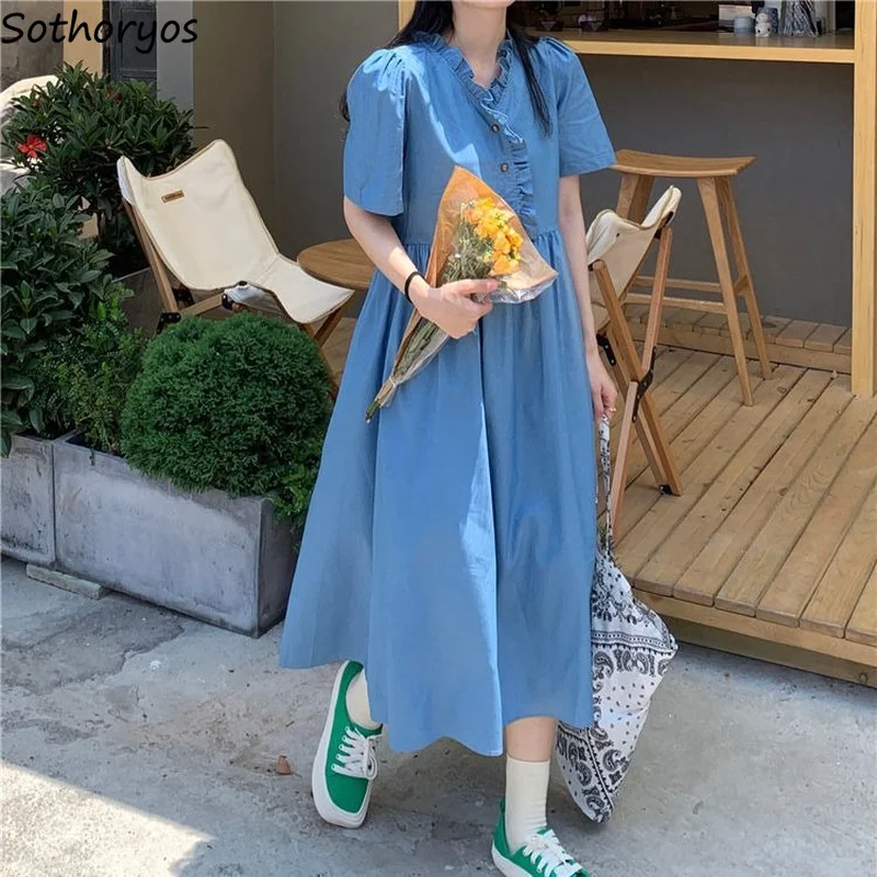 

Dress Women Mid-calf Fungus V-neck Temperament Gentle A-line Short Sleeve Preppy Vestido Mujer Summer Simple Cozy Streetwear Ins