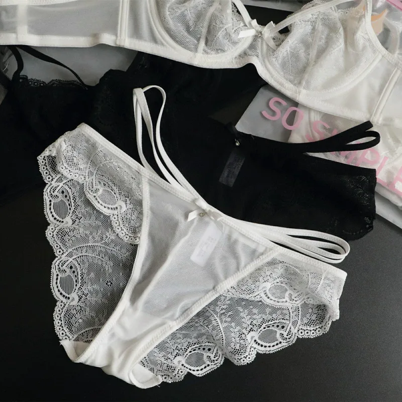 

Japanese Korean Bra Briefs Set Sexy Lace Underwear Fashion Push Up Bra Low Waist Seamless Panties Female Transparent Lingerie