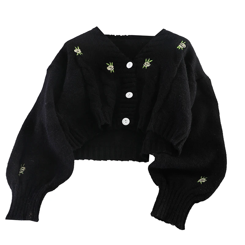

Harajuku Knitted Fashion Loose Sweater Cute Embroidery Floral Female Cardigan V-Neck Lantern Sleeve Women 2021 Spring Autumn New