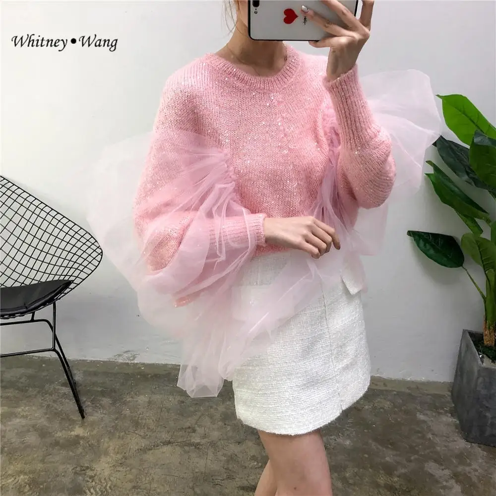 WHITNEY WANG 2019 мода уличная сетка лоскутное блестки мерцающий свитер женский джемпер