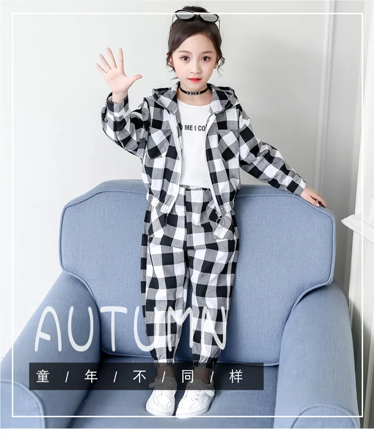 

2020 Autumn Spring Girls Black White Plaid Fashion Two-piece Set