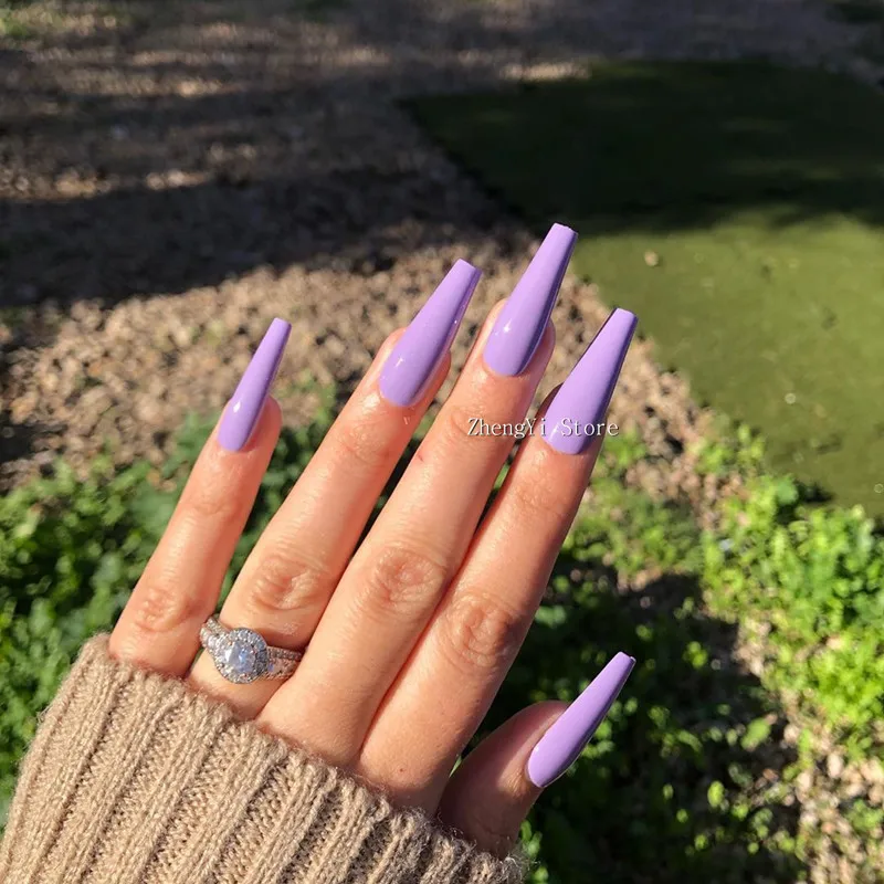 

Purple Full Cover Fake Nails Coffin Pre-designed False Nails With Glue Sticker Solid Colored Long Nail Art Decoration Nagel Tips