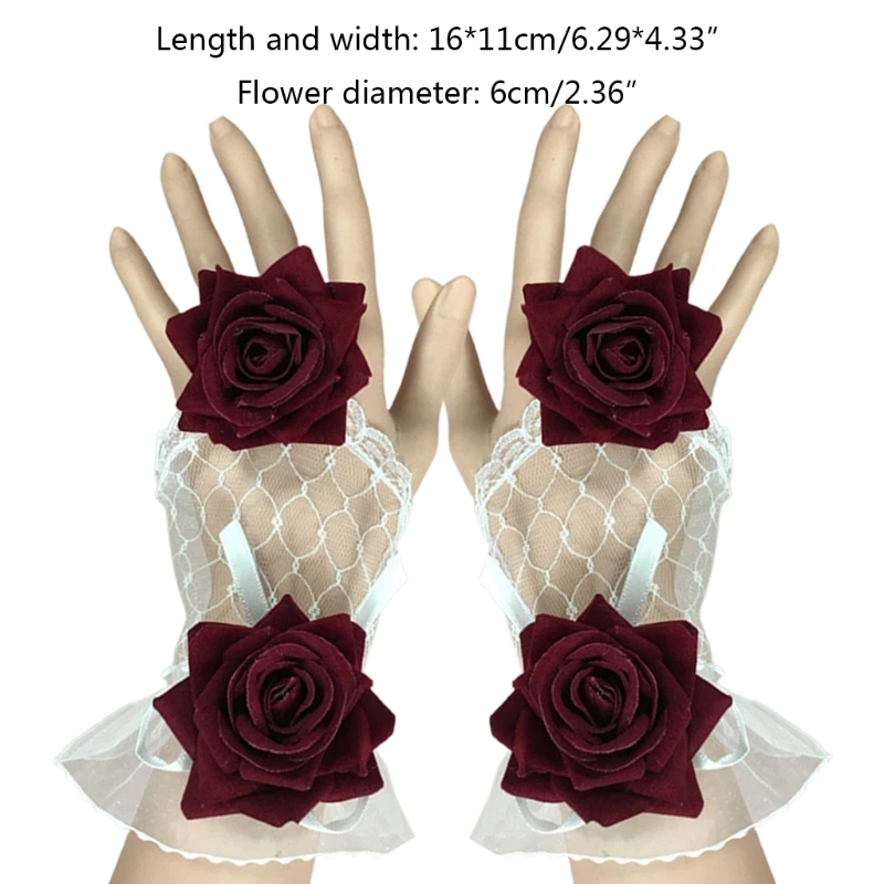 

Wedding Bride Mesh Lace Fingerless Gloves Rose Flower Lolita Cosplay Fake Cuffs M68C