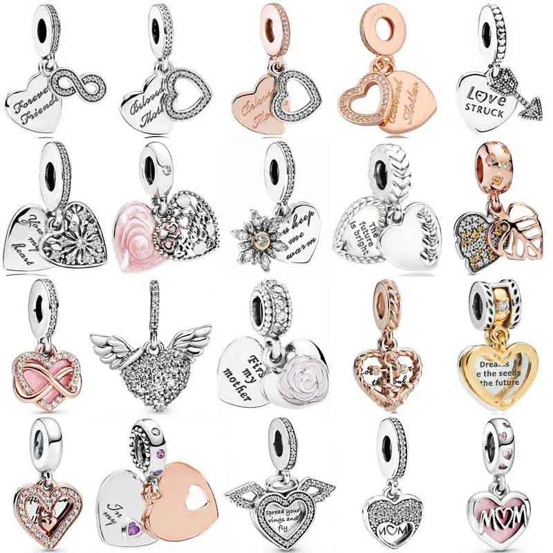 

fashion Sparkling Freehand Infinity My Mum Heart & Angel Wings Pendant Beads 925 Sterling Silver Charm Fit Bracelet DIY Jewelry