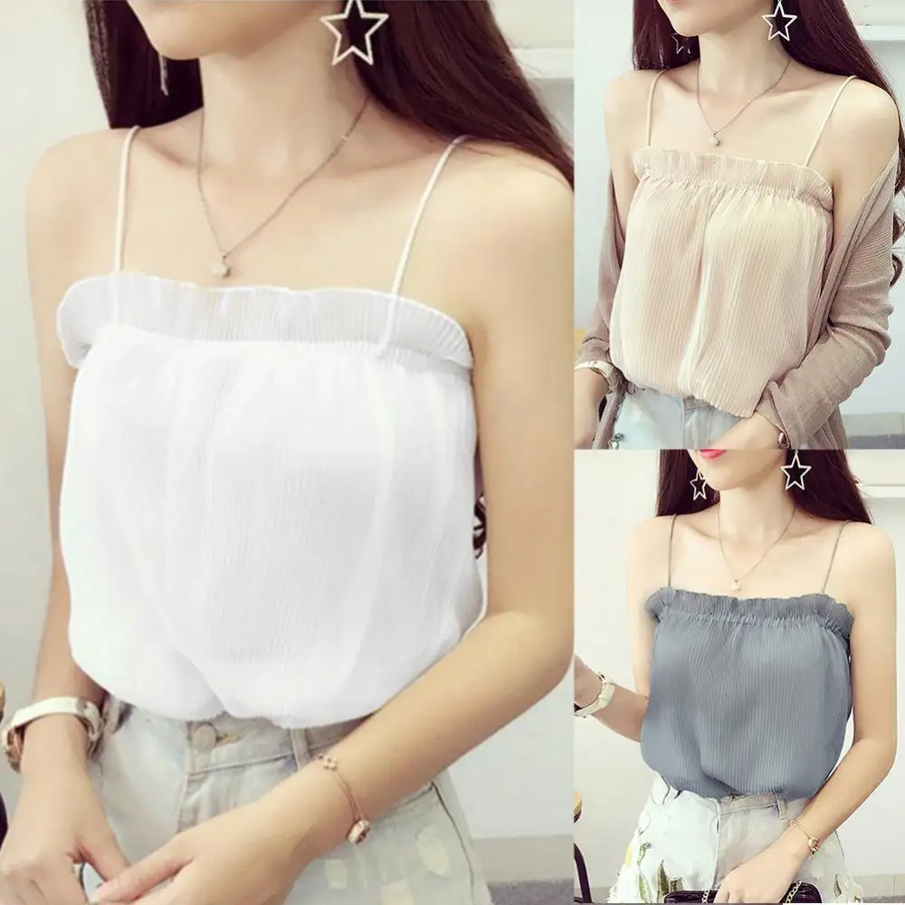 

Hot Sales Sexy Women Summer Chiffon Ruffle Ribbed Vest Camisole Spaghetti Strap Tanked Top