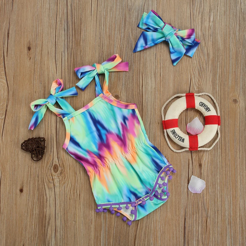 

Pudcoco 2Pcs 0-18M Infant Baby Girls Summer Tie Dye Print Sleeveless Lace-Up Button Romper+Headwear Outfit Clothes