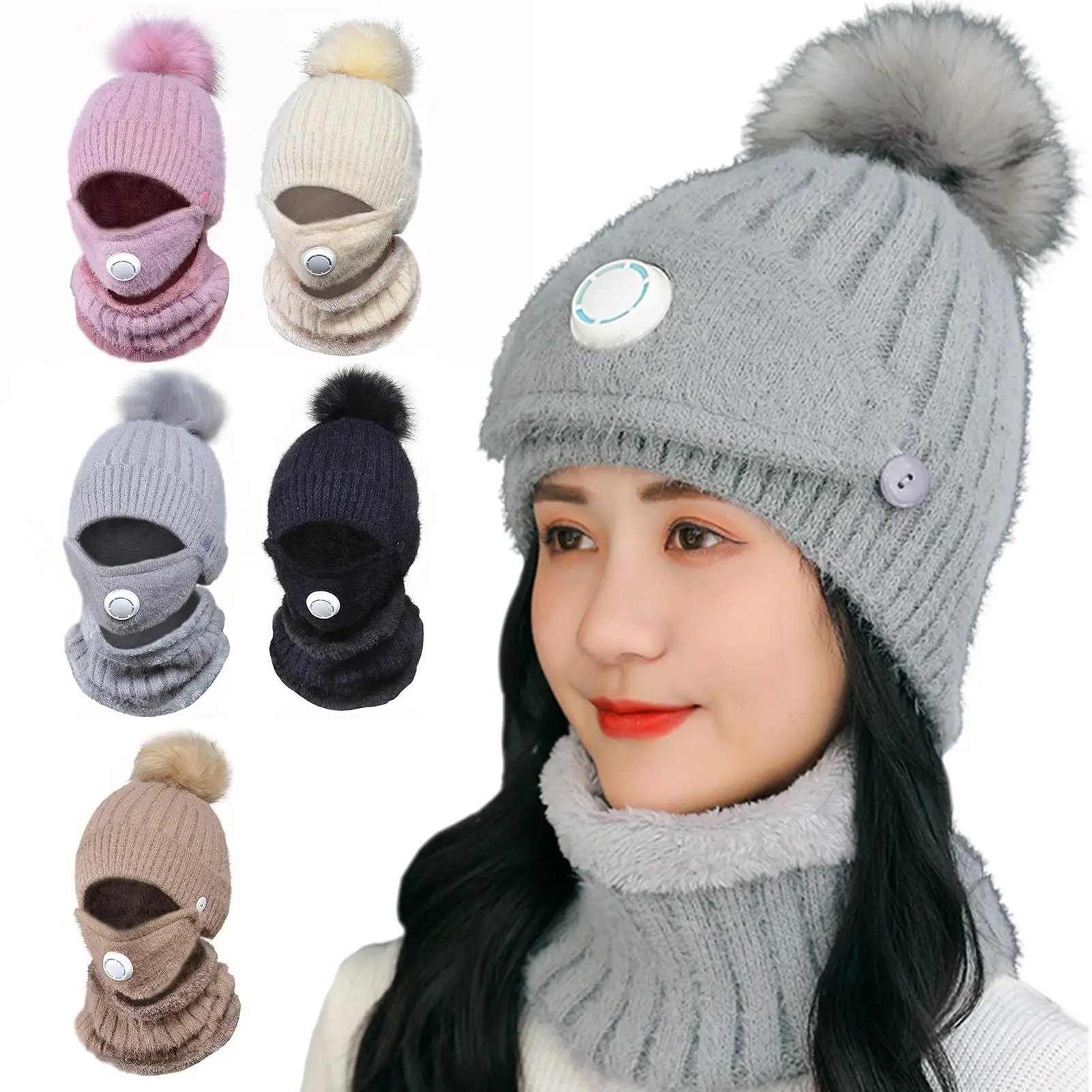 

Warm Beanies Hat For Girl Ring Scarf Pompoms Winter Hats Knitted Caps Scarf 2 Pieces Fashion Ladies Winter Hat Scarf Set