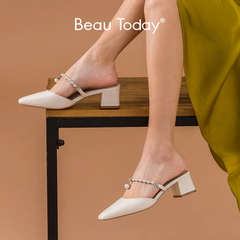 BeauToday/женские туфли без задника с жемчугом Туфли лодочки из коровьей кожи Слипоны