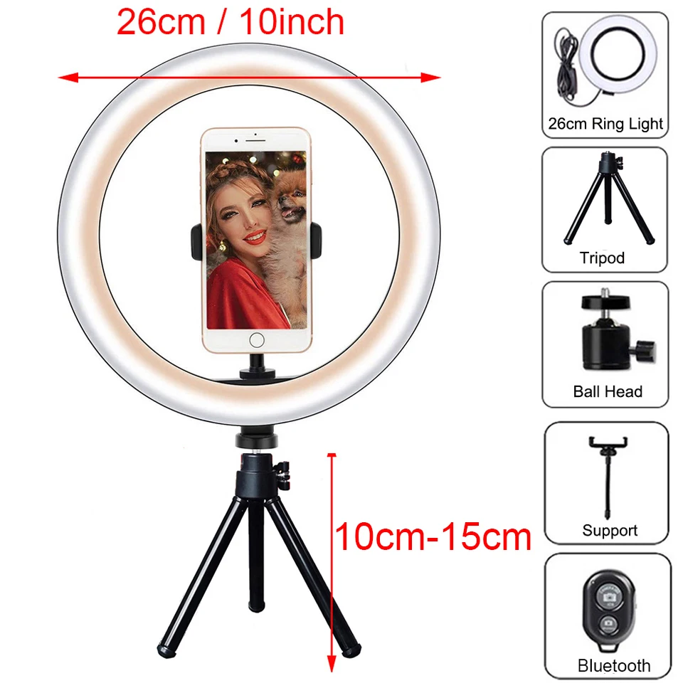 

26cm Led Ringlight Fill Lamp Youtube Live with Tripod Photography Makeup Lighting Dimmable Selfie Ring Light Phone Trepied Stand