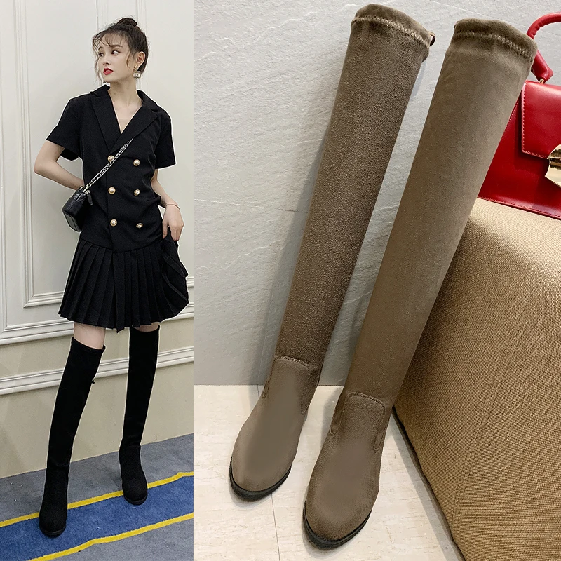 Пикантные Сапоги выше колена на высоком каблуке женские кожаные сапоги из флока