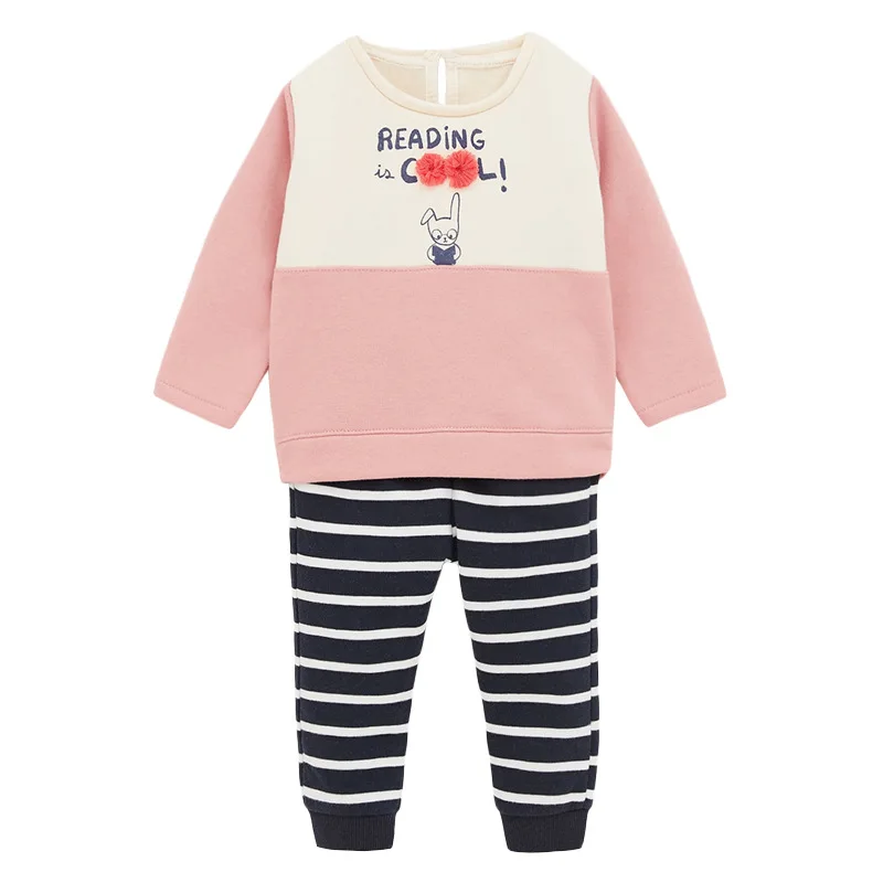 

Girl's O-neck Long Sleeve Casual Fashion Cartoons and Letters T-shirts+Stripes Legging Pants 2PCS Clothing Sets Cotton Set