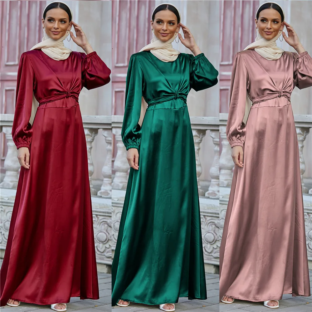 

Muslim Fashion Women Long Kaftan Moroccan Islamic Skirt Musulmane Abaya Dubai Robe Femme Casual Turkish Waist Belted Satin Skirt