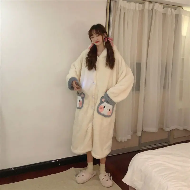 Autumn and Winter Thick and Warm Cute Mid-length Plush Nightgown Female Korean Sweet Bear Home Service Suit Outer Wear