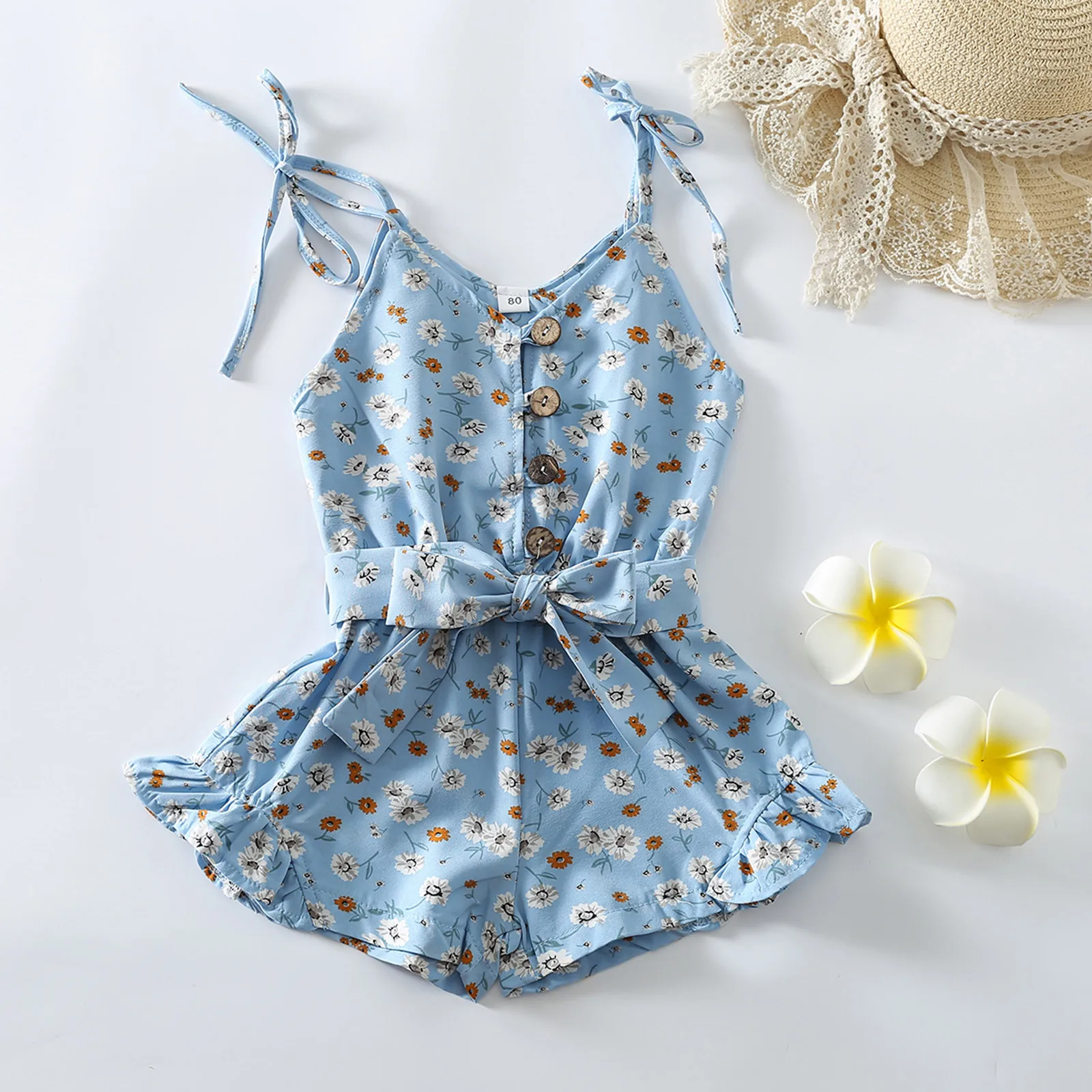 

2021 для маленьких девочек в возрасте от года до Цветочный принт с коротким рукавом и поясом комбинезон комбинезоны для малышей, для маленьки...