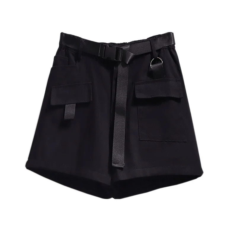 

2021 summer plus size Waist 147cm shorts for women large loose casual wide leg cotton black green pocket belt shorts 4XL 5XL