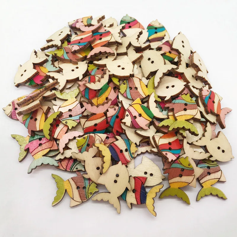 50 таблеток/упаковка 26 мм крашеные маленькие рыбки Деревянные Пуговицы детские DIY