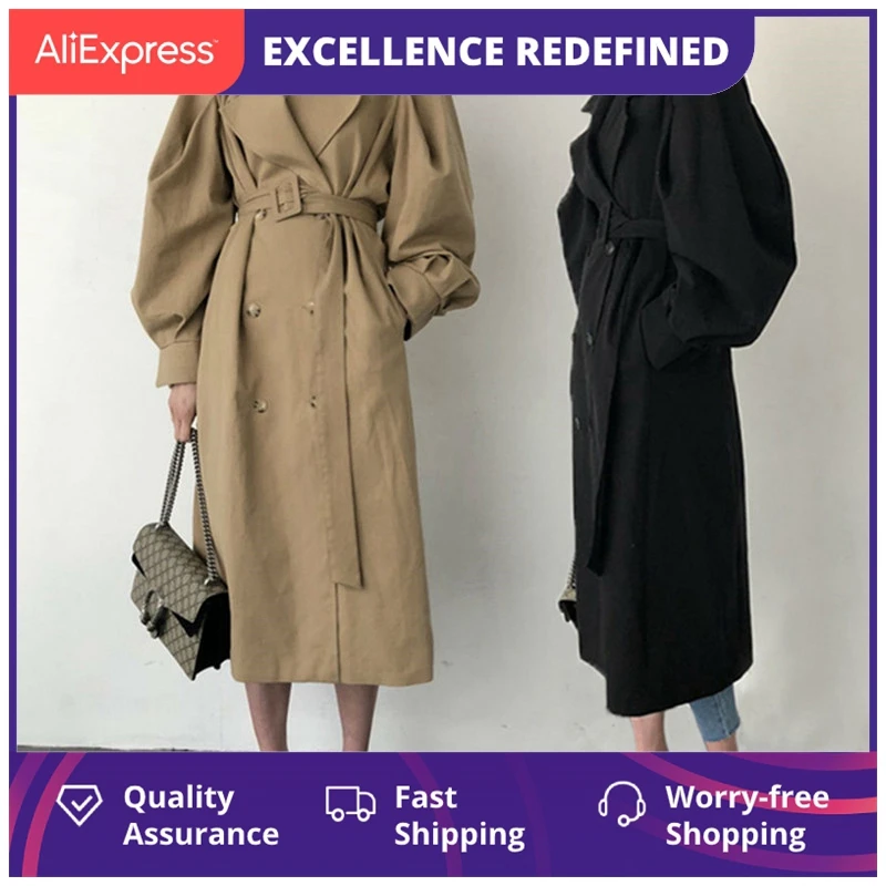 

Женский двубортный тренчкот, Элегантное длинное пальто оверсайз, Корейская верхняя одежда, подиумная ветровка, осень 2021