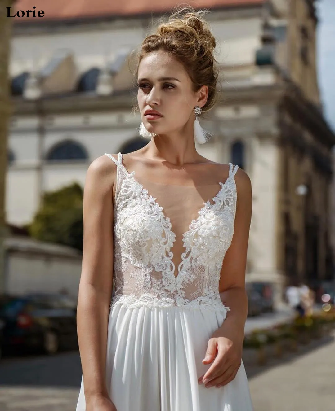 Lorie Beach Wedding Dress 2019 Spaghetti Strap A Line Side Split Chiffon Appliques Backless Lace Wedding Gowns Bridal Dress