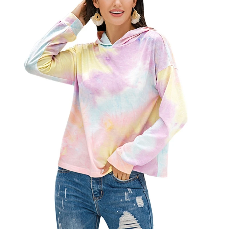 

Women Long Sleeve Hoodies Pullover Tops Gradient Tie-Dye Print Loose Sweatshirt BX0B