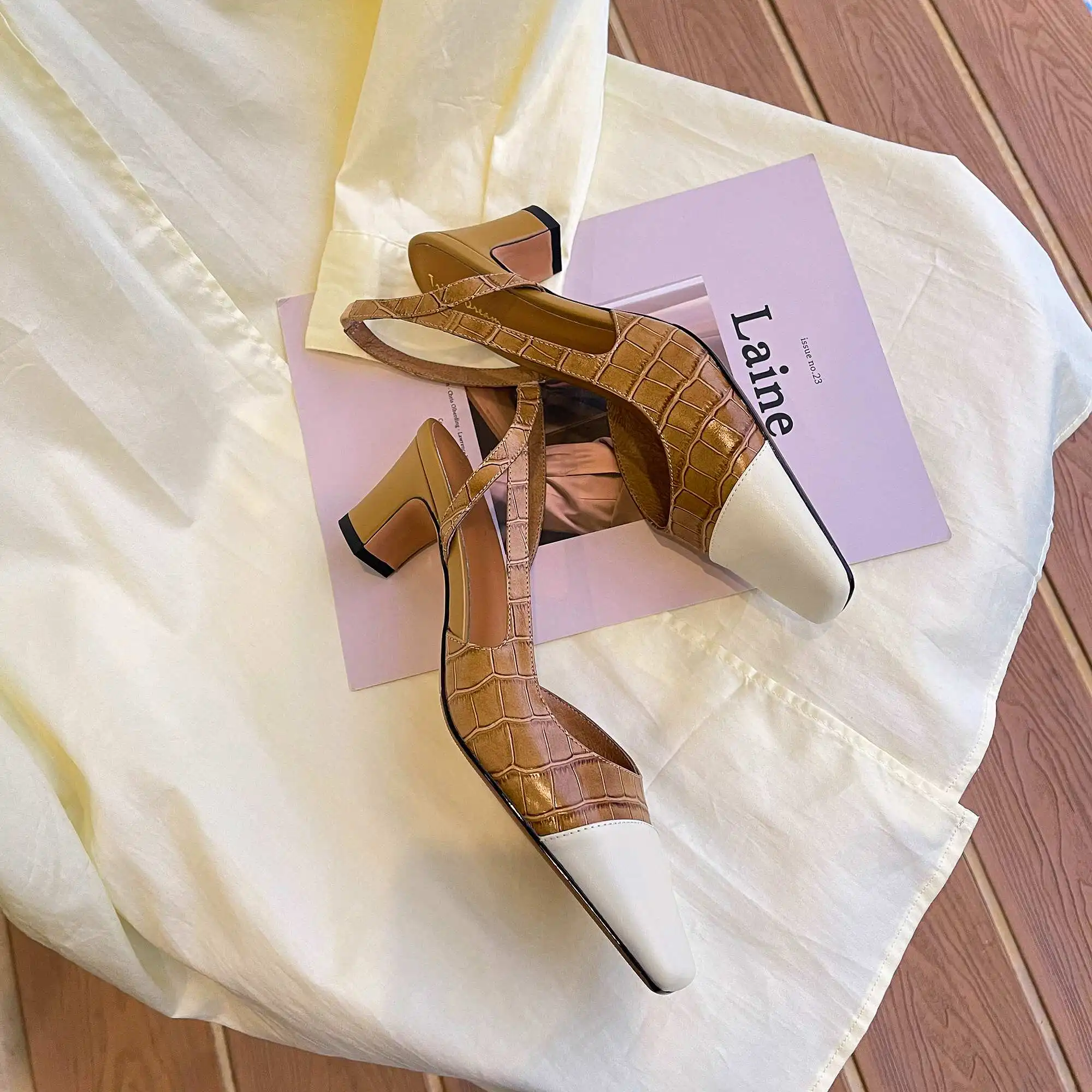 

Krazing Pot genuine leather med heels mixed colors metal shallow young lady European style office lady slip on women sandals L53