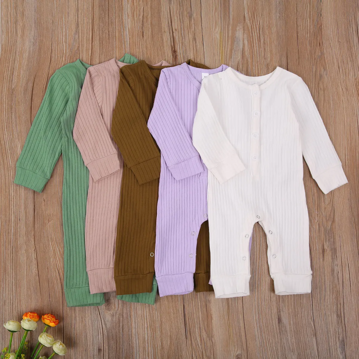 

Autumn Spring Newborn Solid Romper Infant Long Sleeve Round Neck Button Closure Jumpsuit Casual Clothes Rompers