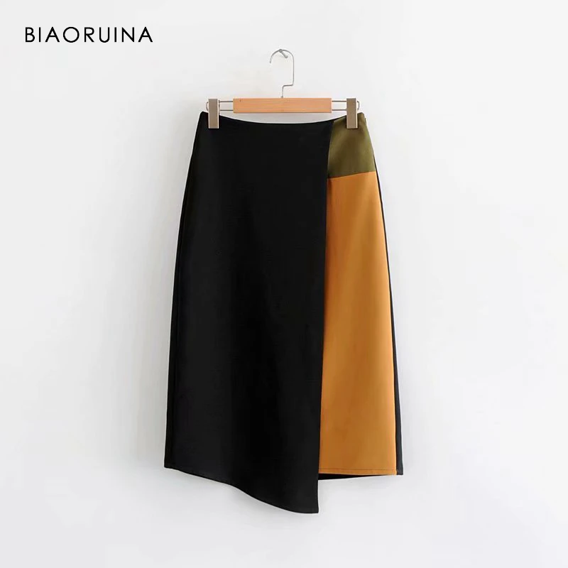 BIAORUINA, женская, шикарная, высокая талия, пэчворк, контрастные цвета, юбка, боковая молния, офисная, женская, стильная, асимметричная, юбка, повседневные юбки