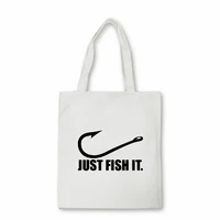 creative design fishing bag portable fishing lure bag canvas bag just fish it funny shoulder bag eco handbag tote bags bolsas