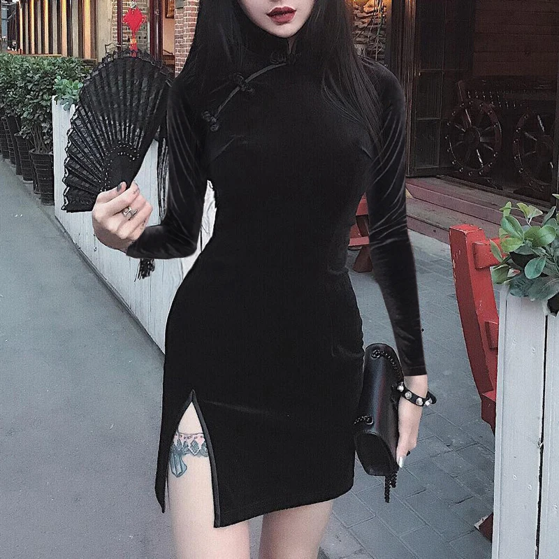 Женское Замшевое платье черное приталенное платье-Ципао с высоким воротом и